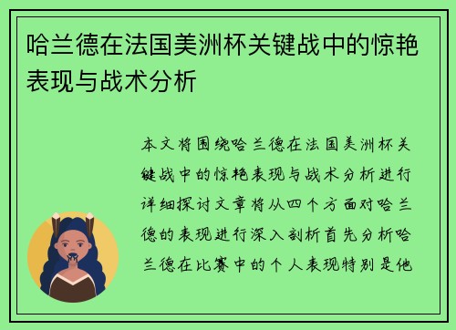 哈兰德在法国美洲杯关键战中的惊艳表现与战术分析