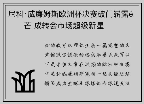 尼科·威廉姆斯欧洲杯决赛破门崭露锋芒 成转会市场超级新星